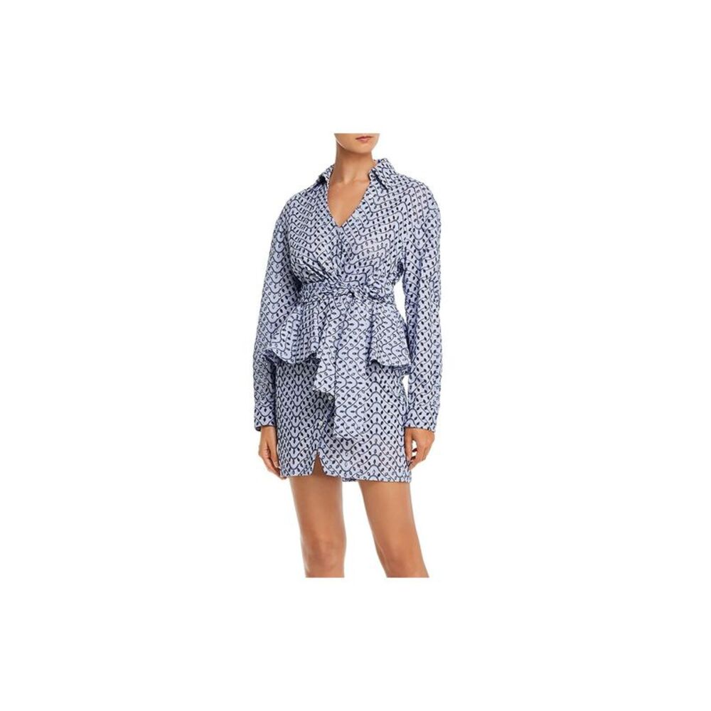 DEREK LAM 10 CROSBY Womens Blue Tie  Button Cuffed Sleeve Mini Peplum Dress 4